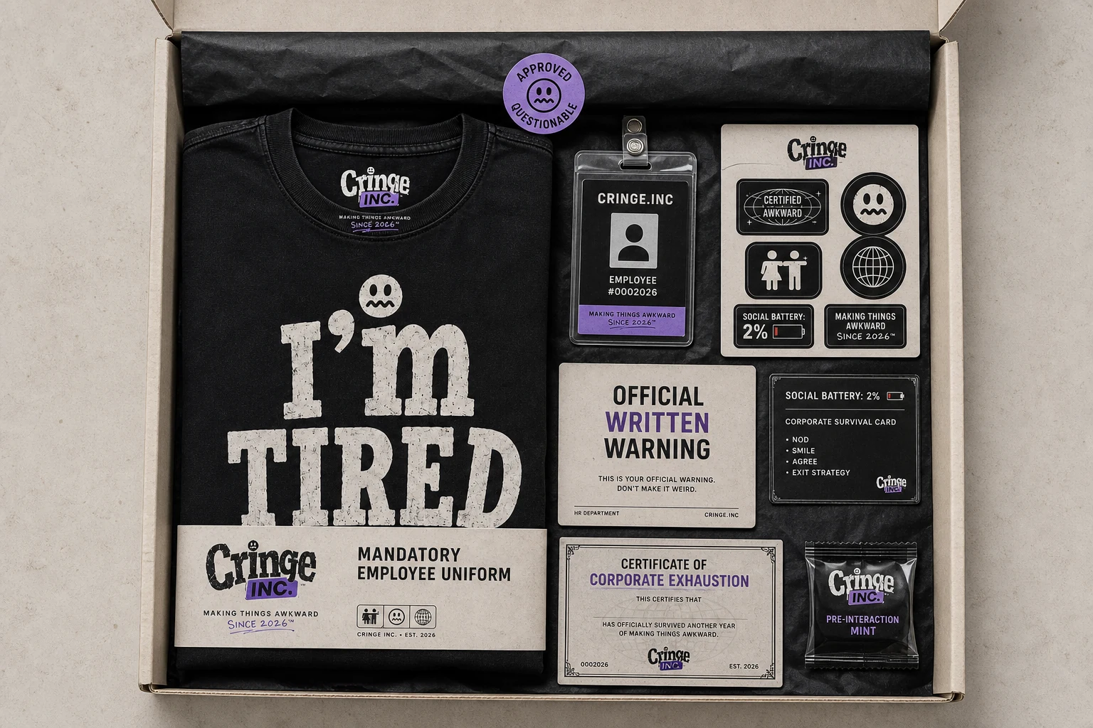 Open Cringe.INC employee kit containing shirt, ID badge, stickers, warning, survival card, certificate and mint