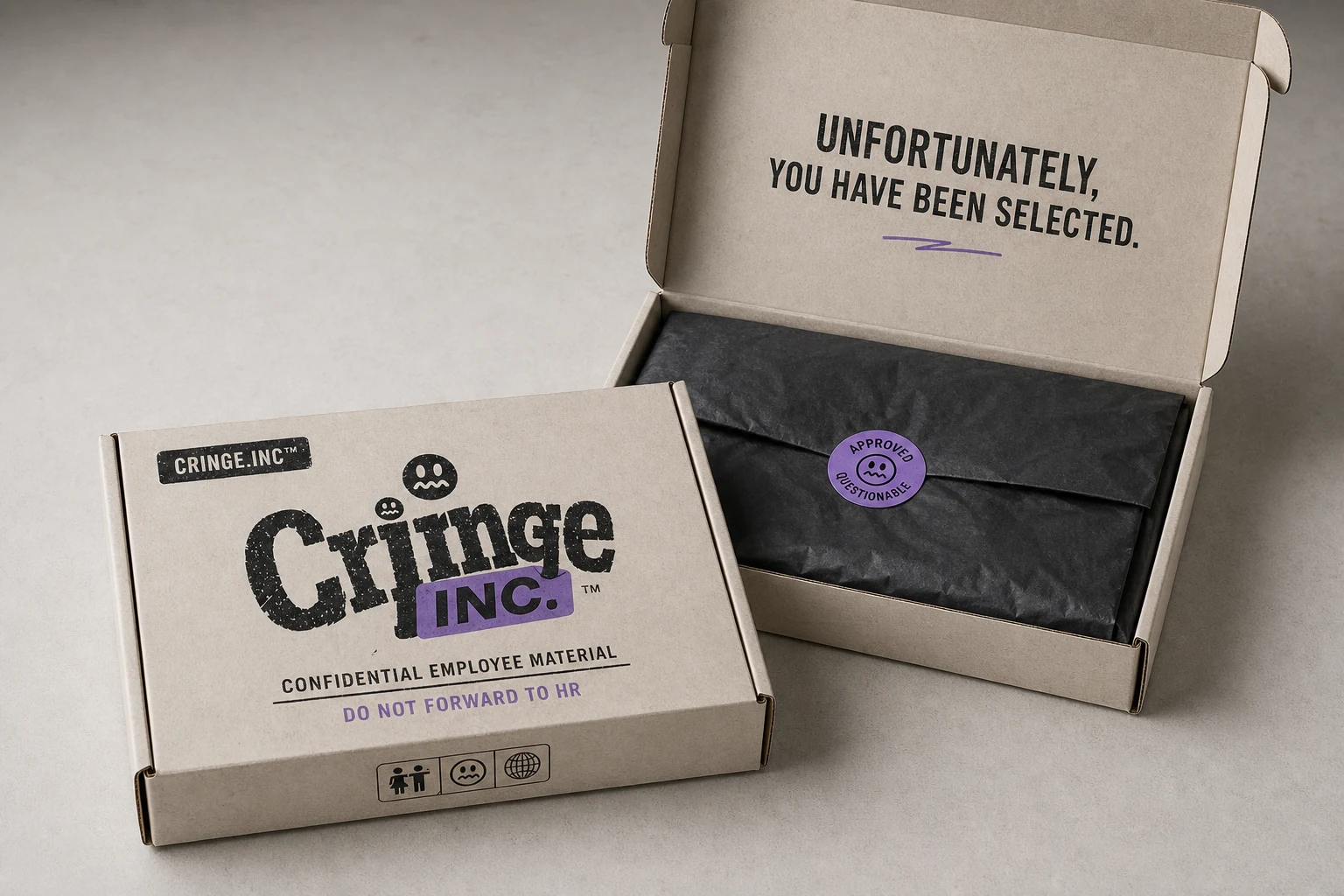 Closed and open off-white Cringe.INC confidential employee mailer boxes with black tissue and purple seal